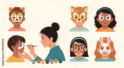 Face painting artist applying colorful animal designs on children including a tiger leopard bunny and butterfly at a festive party event.