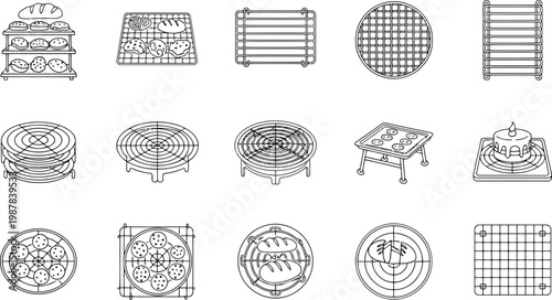 Collection of baking equipment and cooling racks for bread and cakes with various designs and sizes for culinary use