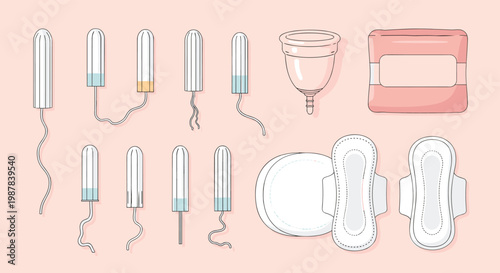 Assortment of feminine hygiene products including various tampons sanitary pads and a menstrual cup on a soft pink background for care.