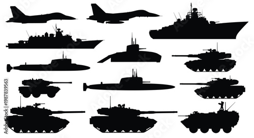 Black silhouettes of various military equipment including fighter jets warships submarines and heavy battle tanks on a white background.