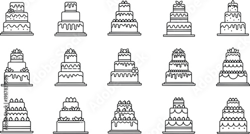 A delightful collection of decorative tiered cakes and festive wedding confectioneries presented in a clean line art style