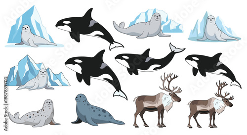 Arctic wildlife collection featuring killer whales, spotted seals, and reindeer standing near icebergs on a white background.