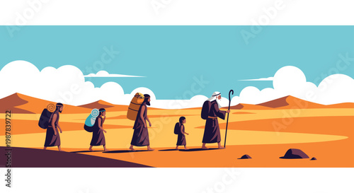 Group of travelers walking in a line across a vast sandy desert under a clear blue sky with white clouds in distance.