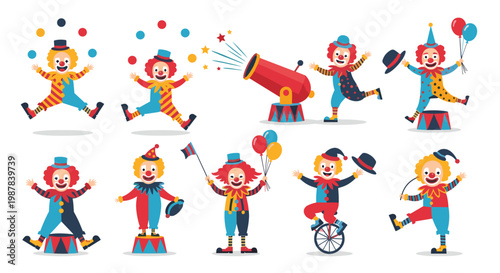 Fun set of circus clowns in colorful costumes juggling, riding a unicycle, and being shot out of a cannon on white background.