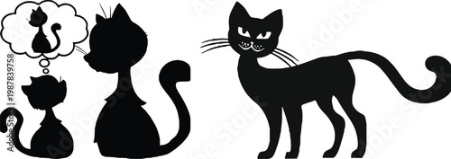 Flat vector illustration of three cat silhouettes, feline imagination concept, domestic pet posture collection, creative animal design, isolated artwork