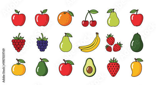 Comprehensive collection of fruit icons featuring apples, oranges, cherries, pears, strawberries, bananas, and avocados.