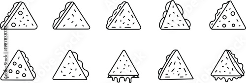 Collection of triangular sandwich icons with various filling patterns and cheese oozing out isolated on transparent background