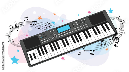 Digital electronic keyboard instrument surrounded by musical notes and colorful stars signifies modern music production and play.