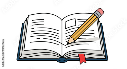 Open hardcover book with handwritten lines of text and a yellow pencil with an eraser placed across its pages on white.