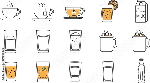 Collection of various beverage icons including hot drinks juices milk and water in simple line art style