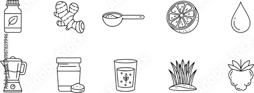 Collection of line art icons representing healthy lifestyle ingredients and tools for making smoothies and drinks