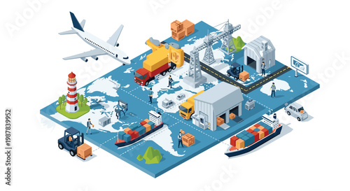 Isometric global logistics map showing international shipping, air transport, warehousing, and freight delivery across the world.