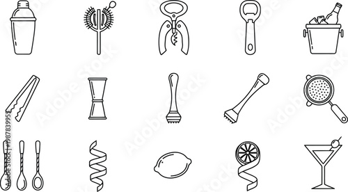 Collection of essential bartending tools and cocktail ingredients arranged in a grid for easy viewing and selection