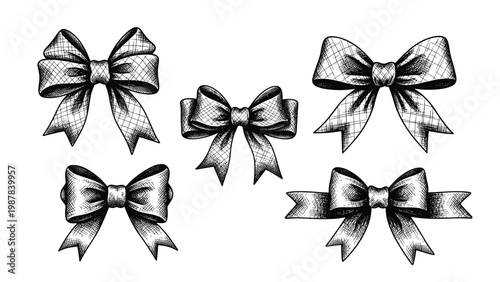 Set of detailed black and white hand drawn ribbon bows in various styles and sizes on a clean white background for design.
