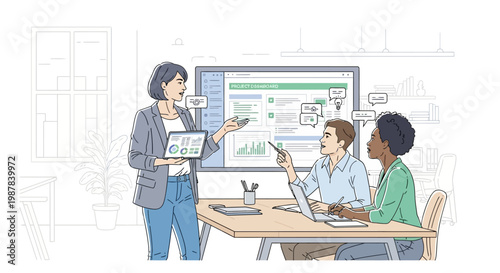 Business team meeting, woman presenting data on tablet and screen