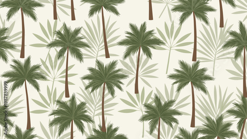 Tropical seamless pattern featuring multiple palm trees and faint leaf silhouettes on a neutral beige background.