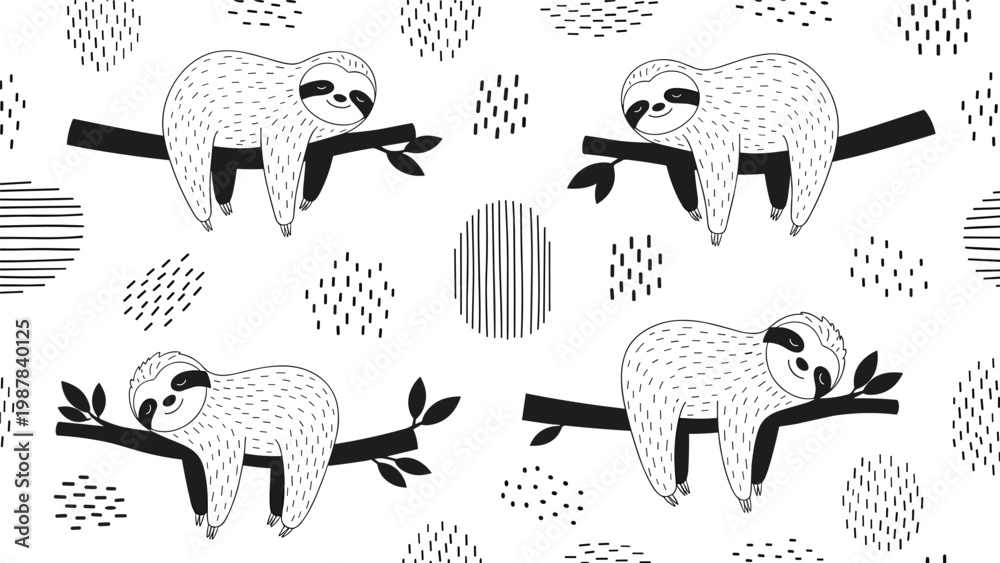 Fototapeta premium Cute black and white seamless pattern featuring adorable sloths sleeping on tree branches among abstract dots and lines.