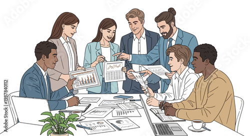 Diverse business team collaborating around a table with charts and laptops.