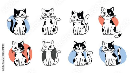 Adorable set of eight different hand drawn black and white spotted cats in sitting poses with subtle color backdrops.