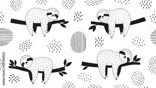Cute black and white seamless pattern featuring adorable sloths sleeping on tree branches among abstract dots and lines.