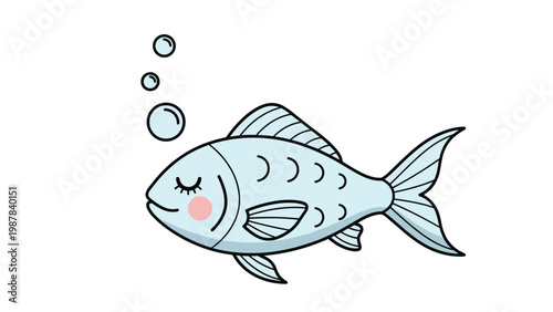 Charming illustration of a pale blue fish with closed eyes and a pink cheek swimming under water with blue bubbles.