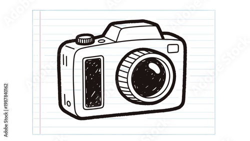 Simple and charming hand drawn sketch of a digital camera on a background of blue lined notebook paper for design.