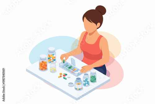 Isometric Woman Organizing Biohacking Supplements and Vitamins