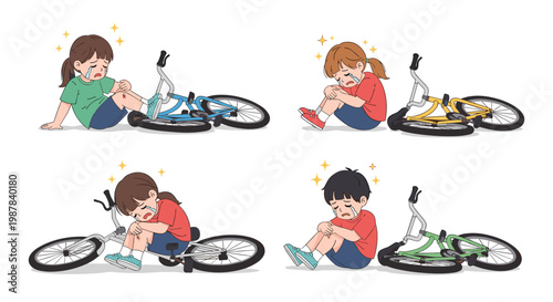 Set of illustrations showing boys and girls crying on the ground after falling off their bicycles with scraped knees.