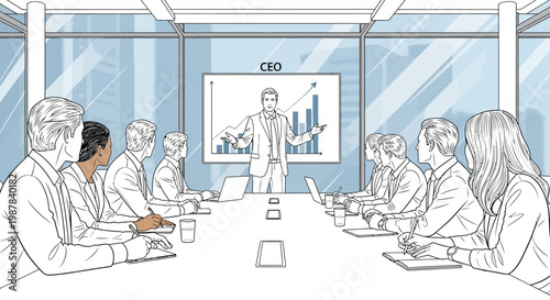 Business meeting with CEO presenting growth chart on screen in modern office