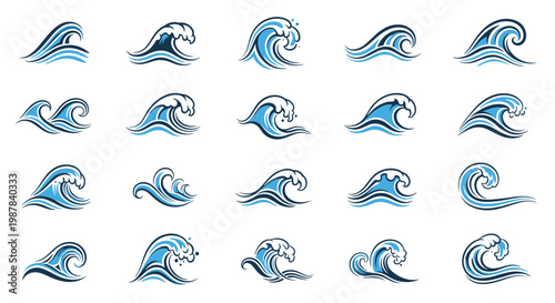 Set of stylized blue ocean wave icons showing different shapes and sizes of splashing water on a white background.