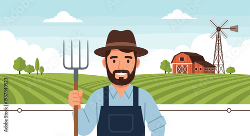 Friendly farmer holding a pitchfork stands in front of a wide green agricultural field with a barn and a windmill.