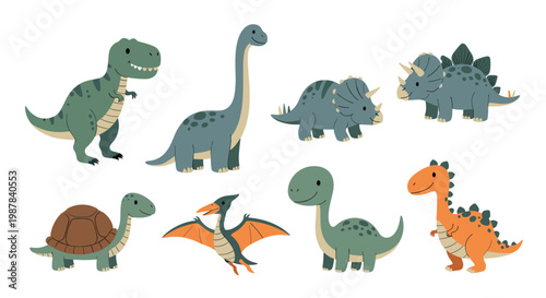 Diverse collection of colorful dinosaur species and a turtle illustrations including t-rex, triceratops, and pterodactyl.