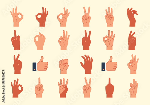 Inclusive Set of Human Hand Gesture Vector Icons with Diverse Skin Tones