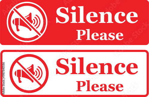 Silence Please Red Warning Sign: No Noise Symbol and Quiet Zone Vector Illustration for Public Spaces