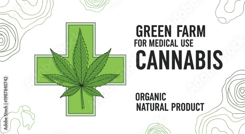 Medical cannabis logo with a green cross and a hemp leaf for organic natural products and green farm medical use.