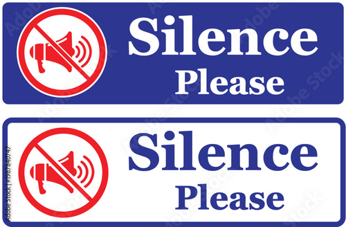 Silence Please Sign: Blue and White Quiet Zone Notice with No Noise Symbol