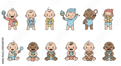 Diverse set of cute babies of different ethnicities standing and sitting while playing with toys and stuffed animals.