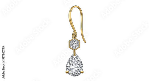 Elegant gold earring featuring a hexagon-shaped diamond connected to a stunning pear-cut diamond drop on a white background.