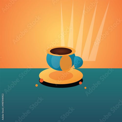 Morning coffee concept with steaming cup and saucer, flat vector illustration