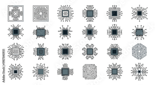 Detailed collection of electronic microchip and computer processor circuit icons in various shapes and configurations.