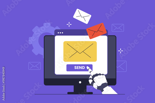 Illustration of Automated Email Marketing with Robotic Hand. A robotic hand pressing the send button on a computer screen to represent automated email triggers and AI marketing