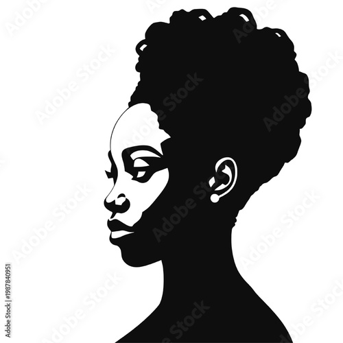 Silhouette of African woman profile with natural hair bun expressing elegance beauty identity and minimalist style