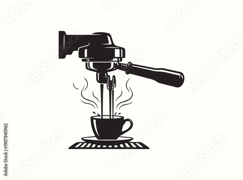 Flat black design of a portafilter locked for brewing to signify high quality artisanal coffee preparation in hospitality and catering service guides