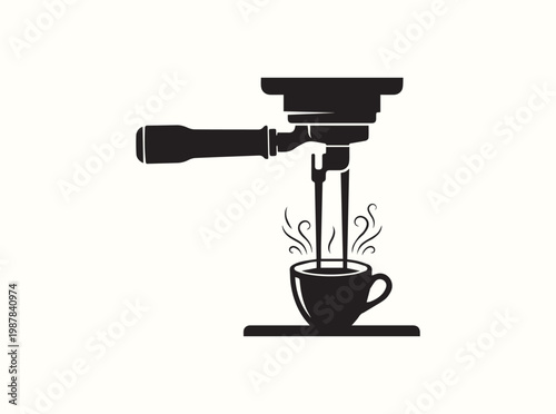 Simple black symbol of a portafilter in a coffee machine with steam lines for inventory management systems in commercial kitchenware retail stores