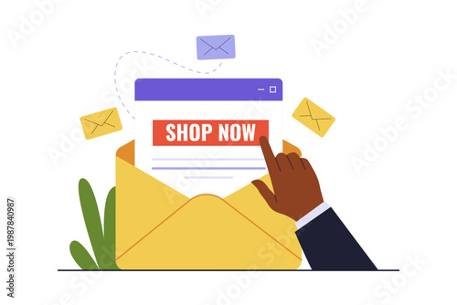 Illustration of Email Call to Action CTA Shop Now Button. A hand pressing a Shop Now button inside an email, symbolizing high conversion rates and direct call to action in marketing