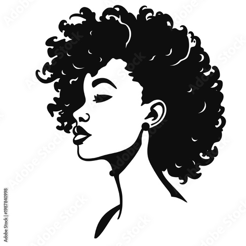 Silhouette of African woman profile with voluminous curly hair expressing beauty elegance identity and natural style