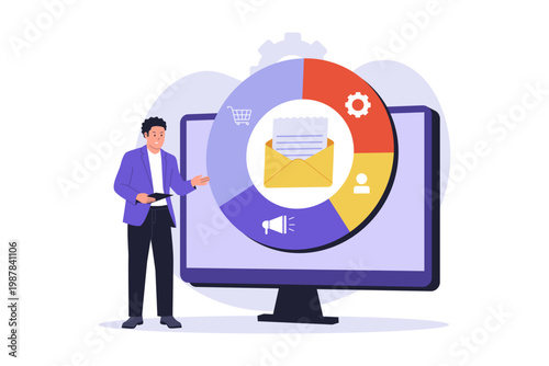 Illustration of Email Segmentation and Target Audience Filtering. A professional dividing an email list into different categories to represent personalized marketing and audience segmentation