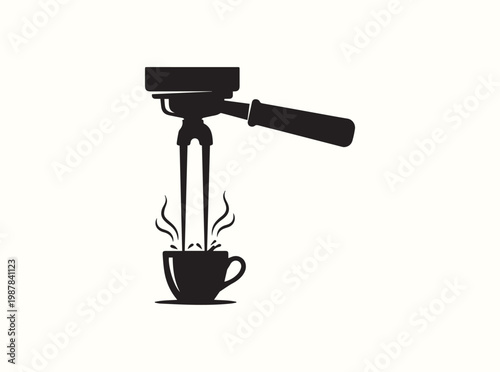 Minimalist black vector of a portafilter in an espresso machine for digital interface design in specialty coffee shop applications and ordering systems