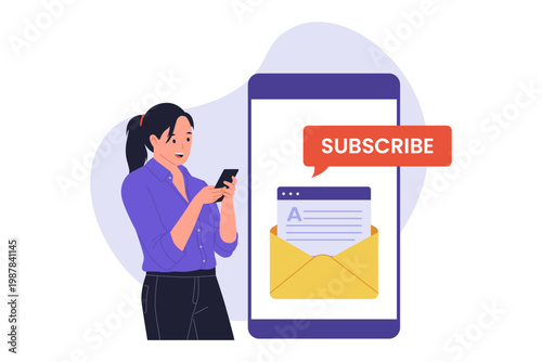 Illustration of Woman Subscribing to Email Newsletter on Mobile. A happy woman using her smartphone to subscribe to an email list, representing audience growth and lead generation