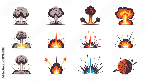 Set of diverse explosion and blast effects from smoke clouds and fireballs to sparkling cosmic collisions and planet destruction.